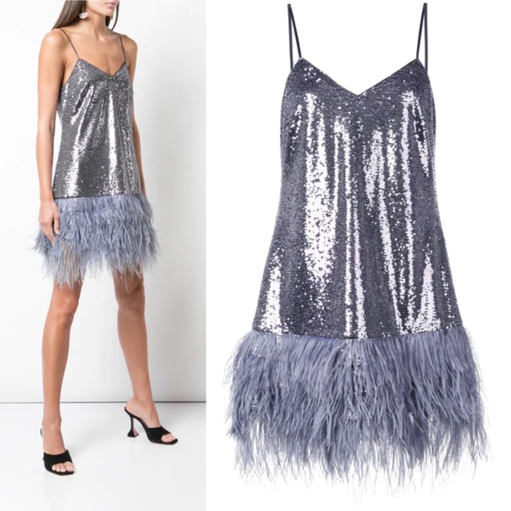 Cinq a Sept Sequin Feather Athena Silver Dress 10. TAYLOR SWIFT MIDNIGHTS